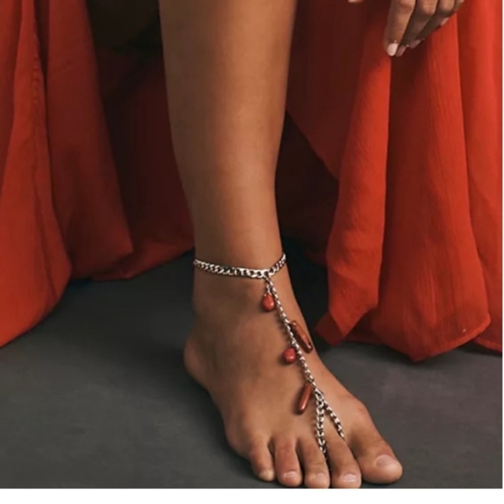 Free People Dancing Feet Gold Tone Foot Chain with Gemstones NWOT